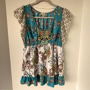 Live and Let Live Teal Boho Paisley Embroidered Petite Top Blouse